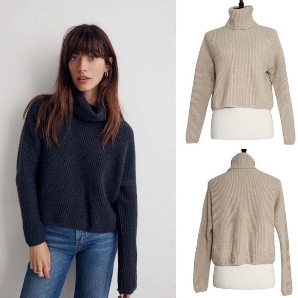Madewell (Re)sourced Cashmere Blend Cropped Turtleneck in Heather Beige Size S - Picture 1 of 11